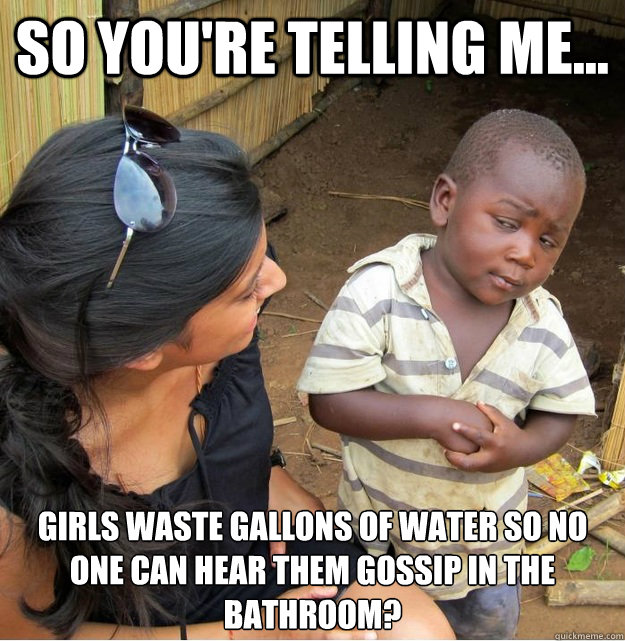 so you're telling me... girls waste gallons of water so no one can hear them gossip in the bathroom? - so you're telling me... girls waste gallons of water so no one can hear them gossip in the bathroom?  Skeptical Third World Kid