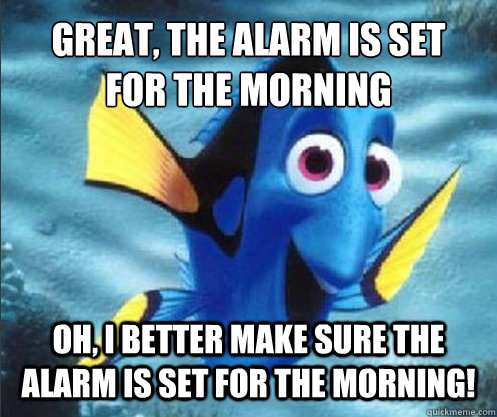 Great, the alarm is set for the morning Oh, i better make sure the alarm is set for the morning!  optimistic dory