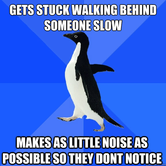 gets stuck Walking behind someone slow makes as little noise as possible so they dont notice   Socially Awkward Penguin