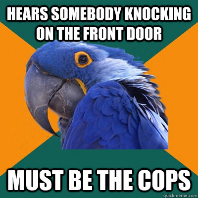 Hears somebody knocking on the front door must be the cops  Paranoid Parrot