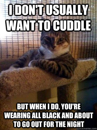 I don't usually want to cuddle but when I do, you're wearing all black and about to go out for the night  The Most Interesting Cat in the World