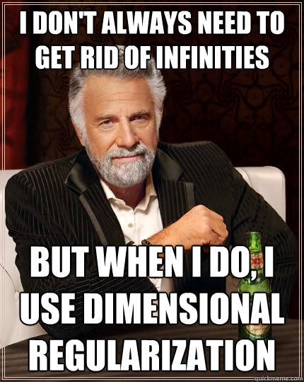 I don't always need to get rid of infinities  But when I do, I use dimensional regularization   The Most Interesting Man In The World