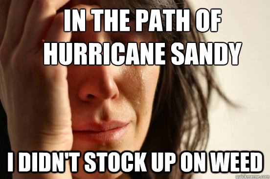 In the path of 
hurricane Sandy I didn't stock up on weed  First World Problems
