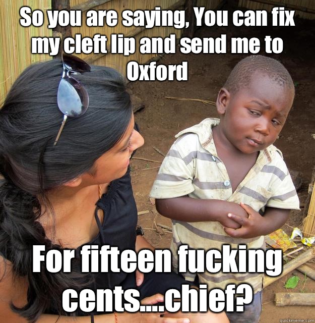 So you are saying, You can fix my cleft lip and send me to Oxford For fifteen fucking cents....chief?  3rd World Skeptical Child
