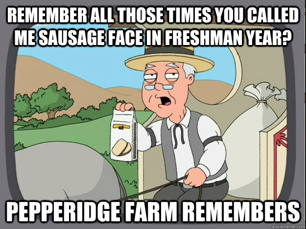 remember all those times you called me sausage face in freshman year? Pepperidge farm remembers  Pepperidge Farm Remembers