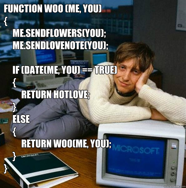 function woo (me, you)
{
     me.sendFlowers(you);
     me.sendlovenote(you);
     
     if (date(me, you) == true)
     {
          return hotlove;
     }
     else
     {
          return woo(me, you);
     }
}  