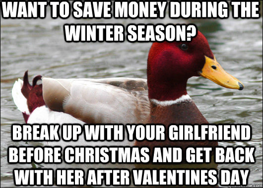 want to save money during the winter season? break up with your girlfriend before christmas and get back with her after valentines day  Malicious Advice Mallard