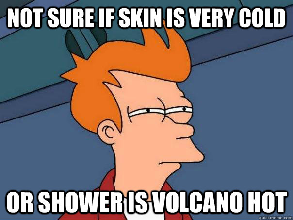 Not sure if skin is very cold Or shower is volcano hot - Not sure if skin is very cold Or shower is volcano hot  Futurama Fry
