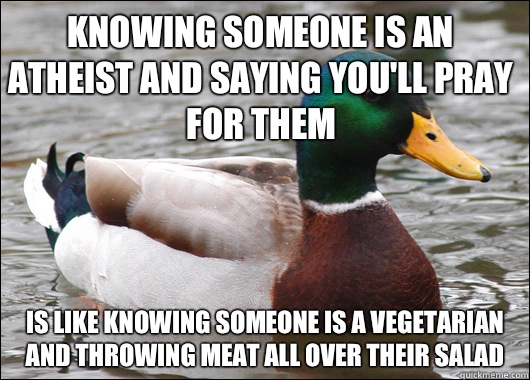 Knowing someone is an atheist and saying you'll pray for them Is like knowing someone is a vegetarian and throwing meat all over their salad  Actual Advice Mallard