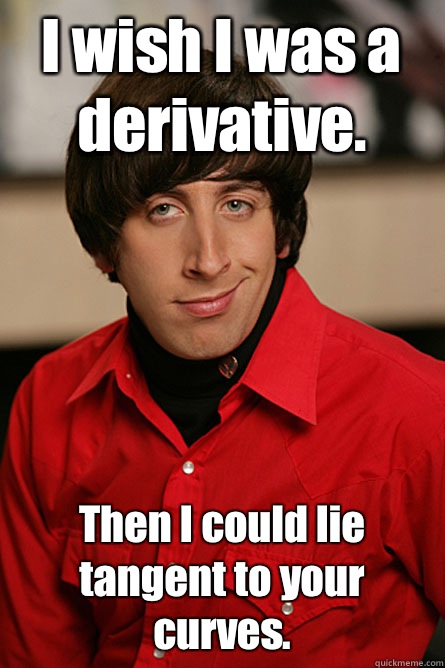 I wish I was a derivative. Then I could lie tangent to your curves.  Pickup Line Scientist