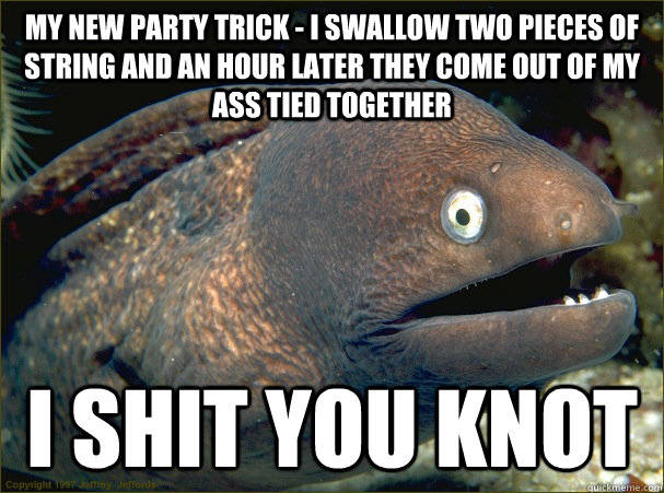 My new party trick - I swallow two pieces of string and an hour later they come out of my ass tied together i shit you knot - My new party trick - I swallow two pieces of string and an hour later they come out of my ass tied together i shit you knot  Bad Joke Eel