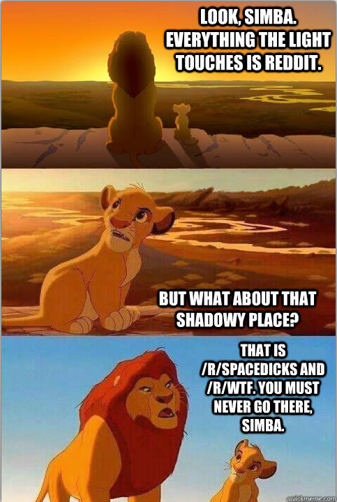 Look, Simba. Everything the light touches is reddit. But what about that shadowy place? That is /r/spacedicks and /r/wtf. You must never go there, Simba.  - Look, Simba. Everything the light touches is reddit. But what about that shadowy place? That is /r/spacedicks and /r/wtf. You must never go there, Simba.   Shadowy Place from Lion King