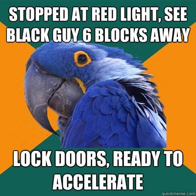 Stopped at red light, see black guy 6 blocks away Lock doors, ready to accelerate  Paranoid Parrot
