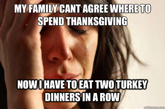 My family cant agree where to spend thanksgiving
 Now i have to eat two turkey dinners in a row  First World Problems