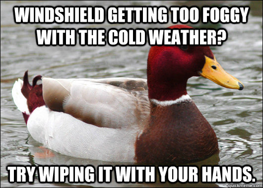 Windshield getting too foggy with the cold weather? Try wiping it with your hands.  Malicious Advice Mallard