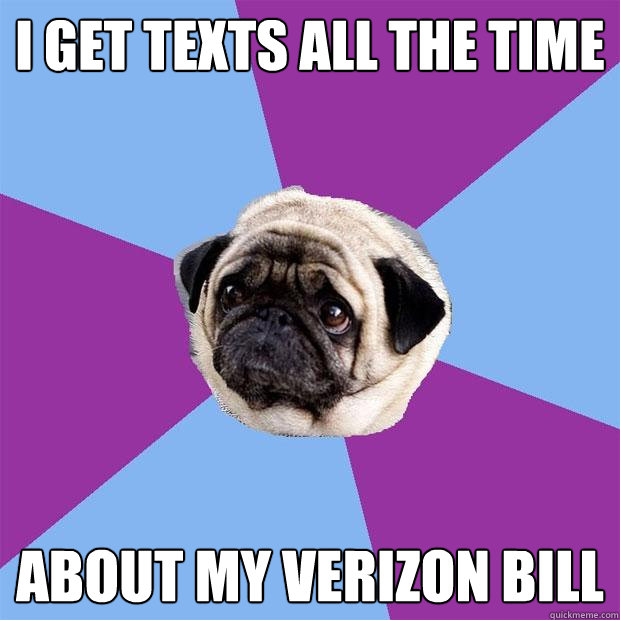 I get texts all the time about my Verizon bill  Lonely Pug