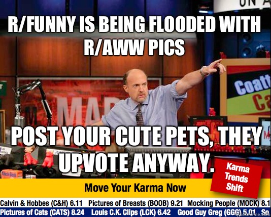 R/funny is being flooded with r/aww pics Post your cute pets, they upvote anyway.  Mad Karma with Jim Cramer
