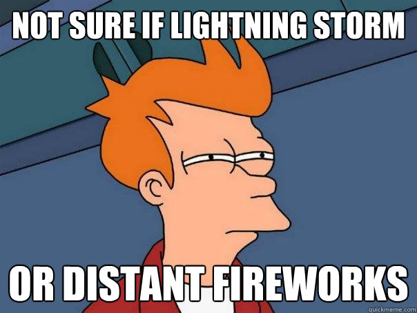 not sure if lightning storm or distant fireworks  Futurama Fry