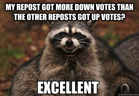 My repost got more down votes than the other reposts got up votes?   evil racoon