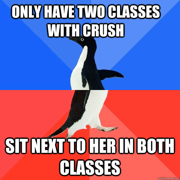 Only have two classes with crush Sit next to her in both classes  Socially Awkward Awesome Penguin