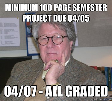 Minimum 100 page semester project due 04/05 04/07 - All graded - Minimum 100 page semester project due 04/05 04/07 - All graded  Humanities Professor