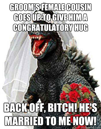 groom's female cousin goes up to give him a congratulatory hug back off, bitch! he's married to me now!  Bridezilla