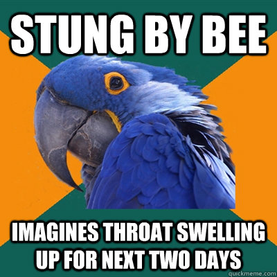 stung by bee imagines throat swelling up for next two days  Paranoid Parrot