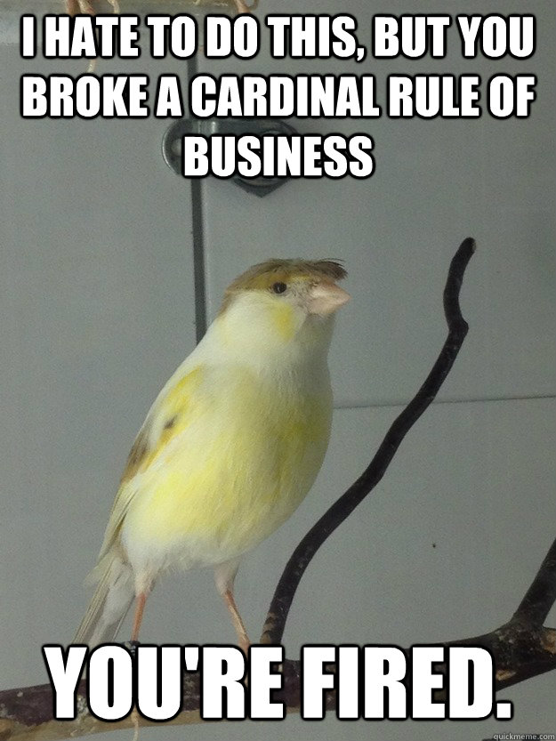 I hate to do this, but you broke a cardinal rule of business You're fired.  