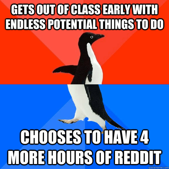 Gets out of class early with endless potential things to do Chooses to have 4 more hours of reddit  Socially Awesome Awkward Penguin