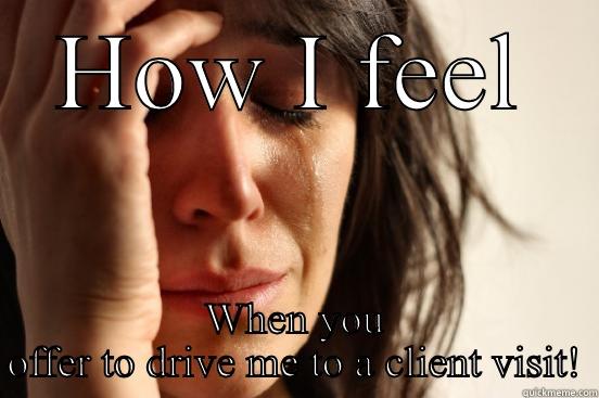 HOW I FEEL WHEN YOU OFFER TO DRIVE ME TO A CLIENT VISIT! First World Problems