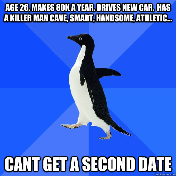 Age 26, Makes 80k a year, drives new car,  Has a killer man cave, Smart, handsome, athletic... Cant get a second date  Socially Awkward Penguin