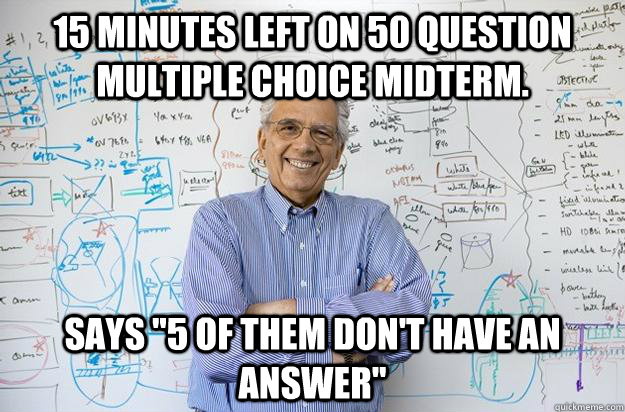 15 Minutes left on 50 Question Multiple Choice Midterm. says 