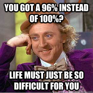 You got a 96% instead of 100%? Life must just be so difficult for you  Creepy Wonka