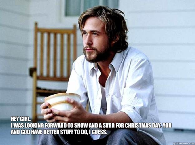 Hey Girl, 
I was looking forward to snow and a SVRG for Christmas Day. You and God have better stuff to do, I guess.   