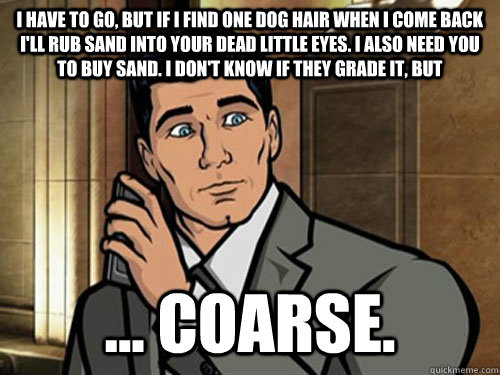 I have to go, but if I find one dog hair when I come back I'll rub sand into your dead little eyes. I also need you to buy sand. I don't know if they grade it, but  ... coarse.  Archer