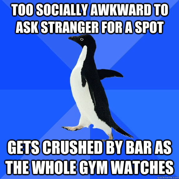 Too socially awkward to ask stranger for a spot Gets crushed by bar as the whole gym watches  Socially Awkward Penguin