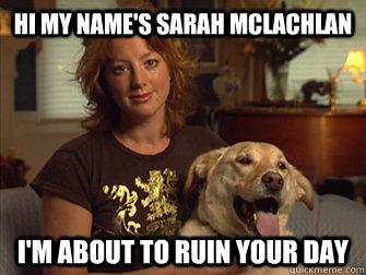 Hi my name's Sarah Mclachlan I'm about to ruin your day  Sarah Mclachlan