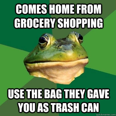 comes home from grocery shopping use the bag they gave you as trash can  Foul Bachelor Frog