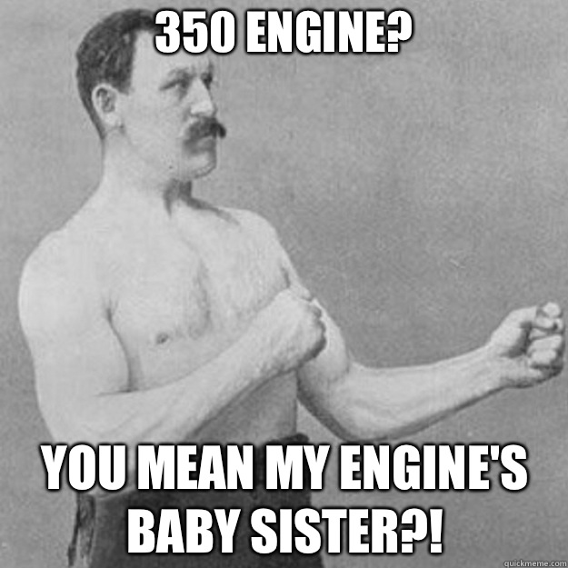 350 engine? YOU MEAN MY ENGINE'S BABY SISTER?!  overly manly man