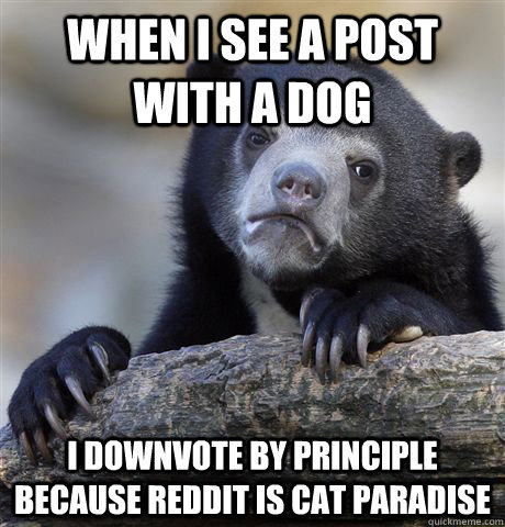 When I see a post with a dog I downvote by principle because reddit is cat paradise  Confession Bear