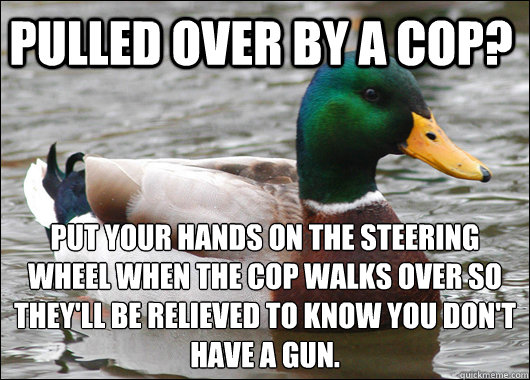 Pulled over by a cop? Put your hands on the steering wheel when the cop walks over so they'll be relieved to know you don't have a gun.  Actual Advice Mallard