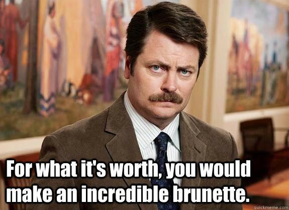  For what it's worth, you would make an incredible brunette. -  For what it's worth, you would make an incredible brunette.  Ron Swanson can relate to Lil Wayne