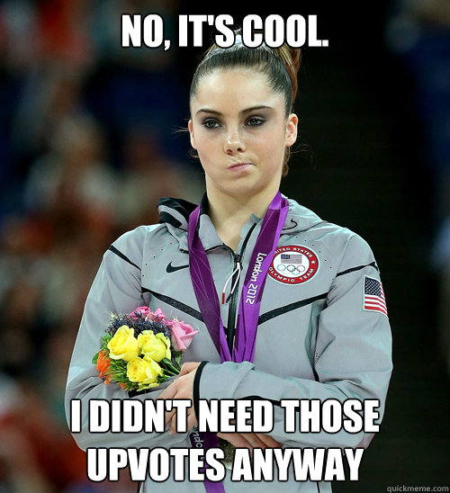 no, it's cool. I DIDN'T NEED THOSE UPVOTES ANYWAY - no, it's cool. I DIDN'T NEED THOSE UPVOTES ANYWAY  McKayla Not Impressed