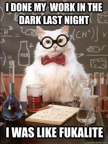 I DONE MY  WORK IN THE DARK LAST NIGHT I WAS LIKE FUKALITE  Chemistry Cat