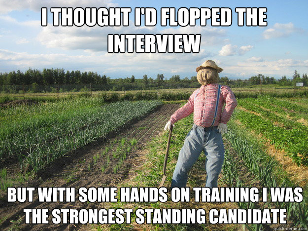 I thought i'd flopped the interview but with some hands on training i was the strongest standing candidate  Scarecrow