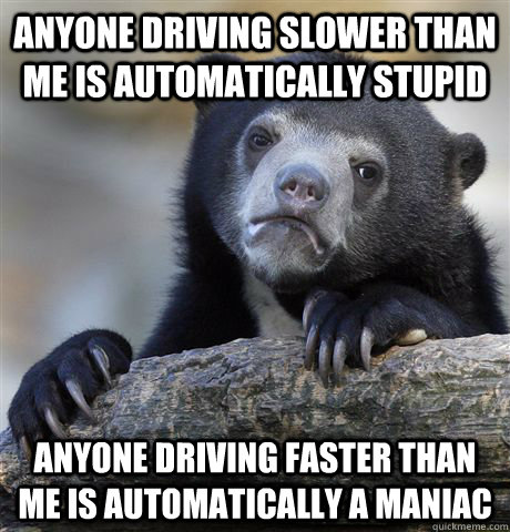 anyone driving slower than me is automatically stupid anyone driving faster than me is automatically a maniac  Confession Bear