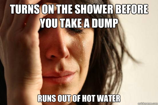 turns on the shower before you take a dump runs out of hot water  First World Problems