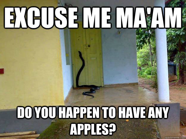 Excuse me ma'am Do you happen to have any apples? - Excuse me ma'am Do you happen to have any apples?  Jehovas snake