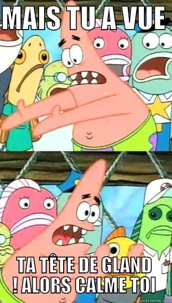 MAIS TU A VUE  TA TÊTE DE GLAND ! ALORS CALME TOI Push it somewhere else Patrick