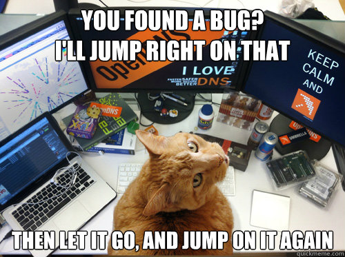 You found a bug?
I'll jump right on that then let it go, and jump on it again - You found a bug?
I'll jump right on that then let it go, and jump on it again  SysCatmin